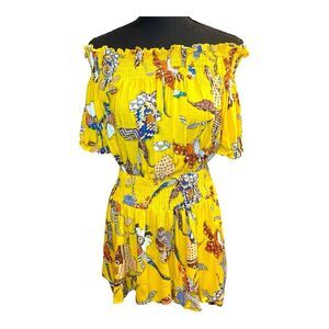 Yellow Off Shoulder Smocked Boho Top | Tropical Print Summer Blouse | Plus Size